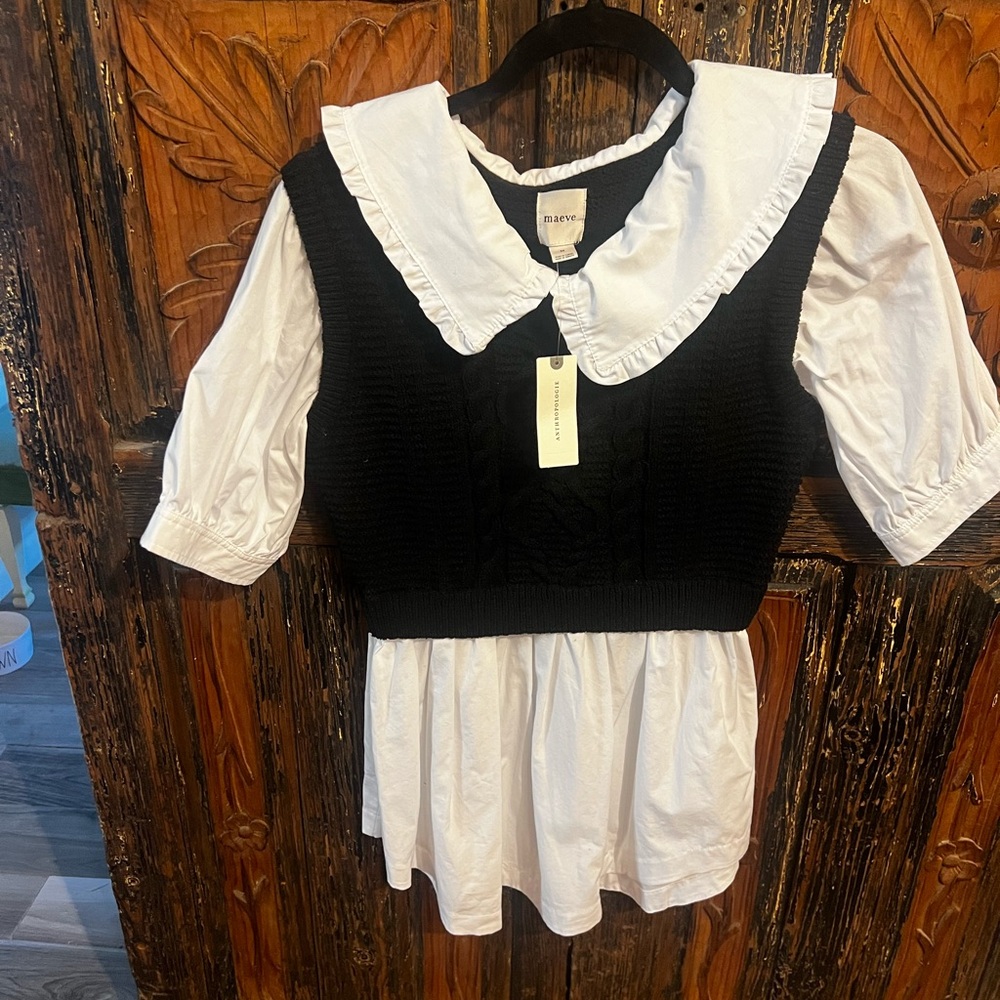 Maeve Black and White Ruffled Collar Dress